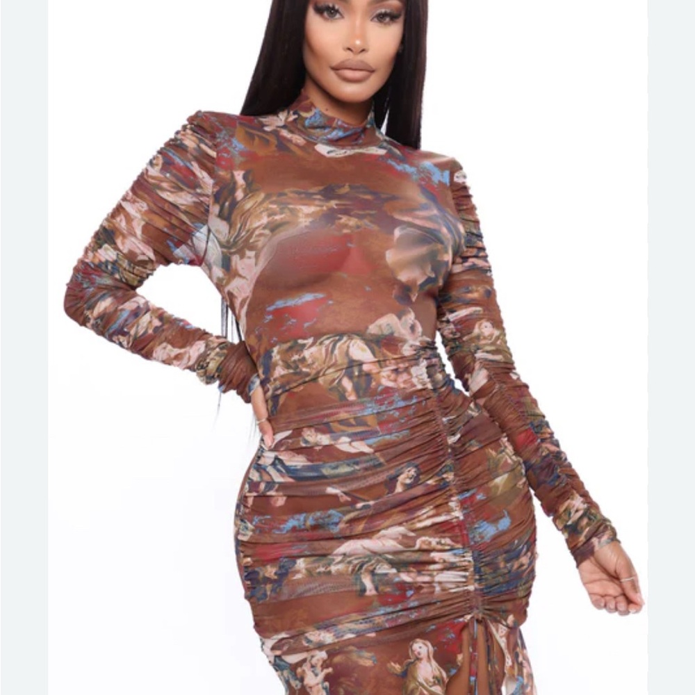 Elegant Brown Patterned Dress Sheer
